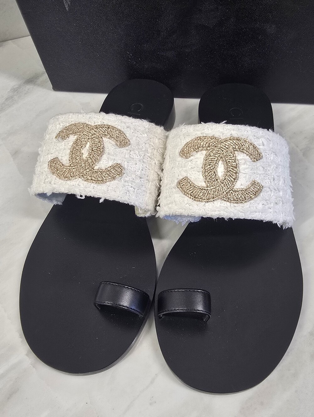 Chanel White Tweed & Gold Logo Slide Sandals